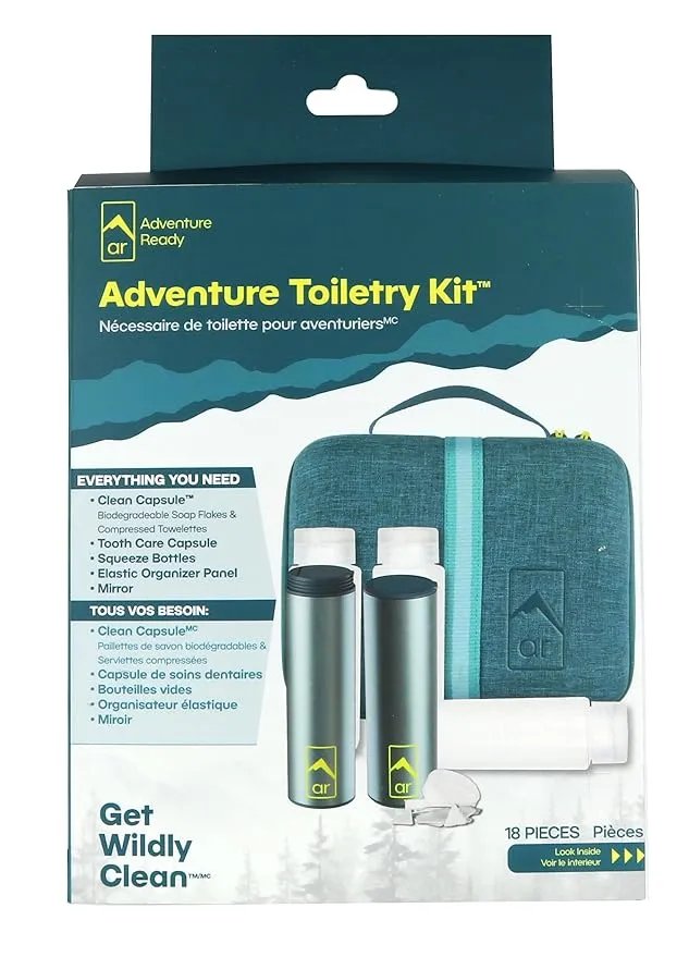 Adventure Hanging Toiletry Kit - Camping Toiletry Bag with Soap Flakes, Compressed Towelettes, Toothbrush, Mirror & More