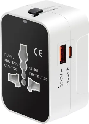 International Universal All in One Worldwide Travel Adapter Fast Charger with PD 3.0 Type C & USB-A Quick Charging Wall Charger AC Power Plug Adapter for USA EU UK AUS European Cell Phone Laptop
