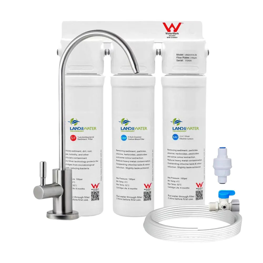 Land & Water 3 Stage 0.5mic Undersink Alkaline Water Filtration Kit with Premium Faucet