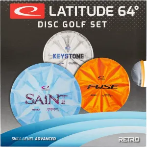 Latitude 64 Retro Burst Disc Golf Starter Set (3-Pack) - Includes Keystone, Fuse, Saint | Grippy Base Plastic | Perfect Beginner Disc Golf Set | Contains Putter, Midrange & Driver | Colors Will Vary