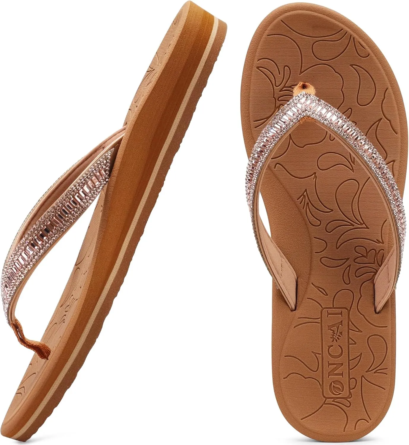 ONCAI Women's Flip Flops with Rhinestone, Arch Support Yoga Mat Comfort Walking Summer Beach Thong Sandals with Plantar Fasciitis Rubber Soles US Size 5-11