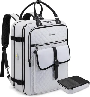 Travel Backpack for Women, 50L Carry On with USB Charging Port, Anti Theft, 17.3 Inch Laptop Compatible, White, Large